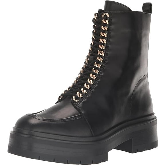 Sam Edelman Lovrin Black Leather Lace Up Rounded Toe Chunky Heeled Ankle Boots (Black Leather, 7.5)