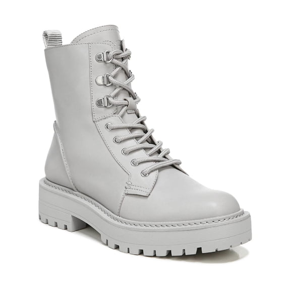 Sam Edelman Lue Pebble Grey Chunky Heel Rounded Toe Lace Up Ankle Combat Boots (Pebble Grey, 7.5)