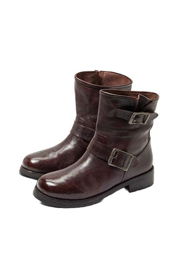 Lulah Dark Brown Leather Buckle Detailed Rounded Toe Ankle Boots (Dark Brown Leather, 7)