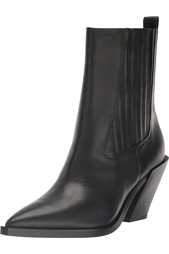 Mandey Black Leather Pointed Toe Block Heeled Pull On Ankle Boots (Black Leather, 6.5)