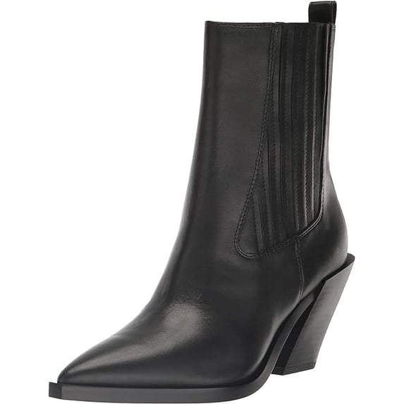 Sam Edelman Mandey Black Leather Pointed Toe Block Heeled Pull On Ankle Boots (Black Leather, 8)