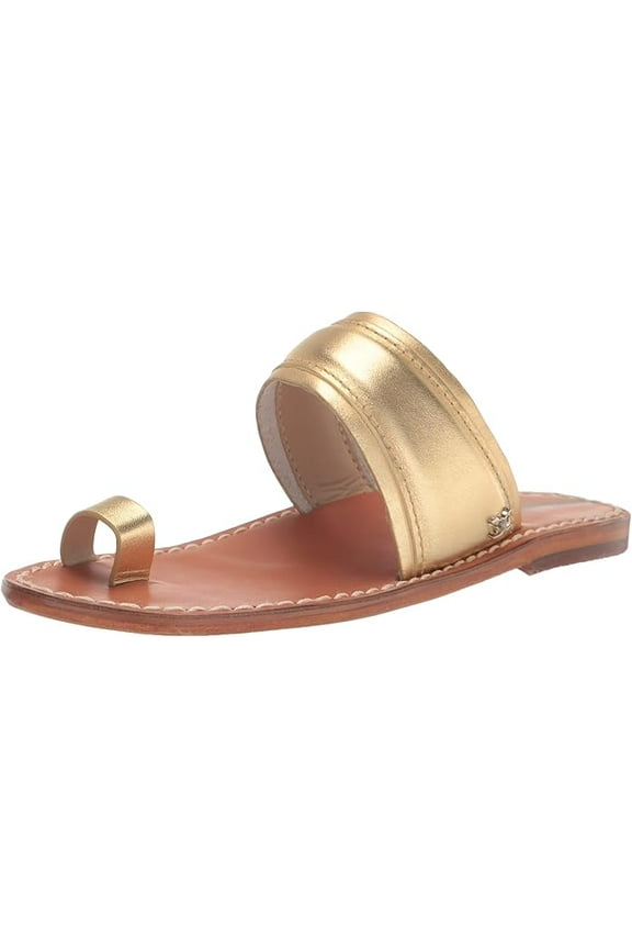 Margit Amber Gold Toe Ring Strappy Slip On Flat Slides Sandals (Amber Gold, 7)