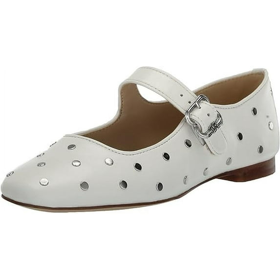 Sam Edelman Michaela Bright White Studs Mary Jane Ankle Strap Squared Toe Flats (Bright White, 6)