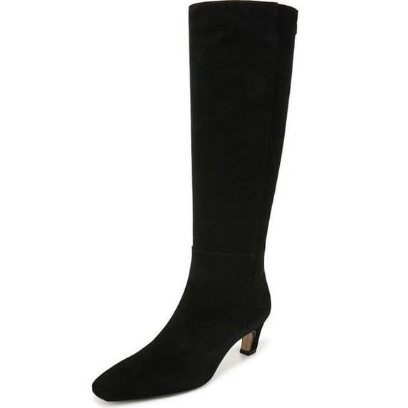 Sam Edelman Molly Black Leather Squared Pointed Toe Kitten Heel Knee High Boots (Black, 9)