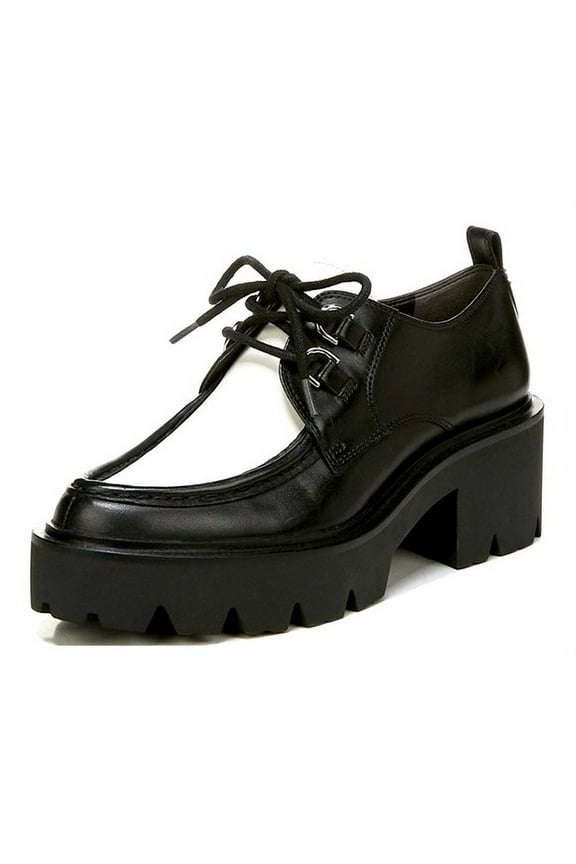 Monna Black/White Leather Chunky Heel Lace Up Almond Toe Loafers (Black/White Leather, 6)