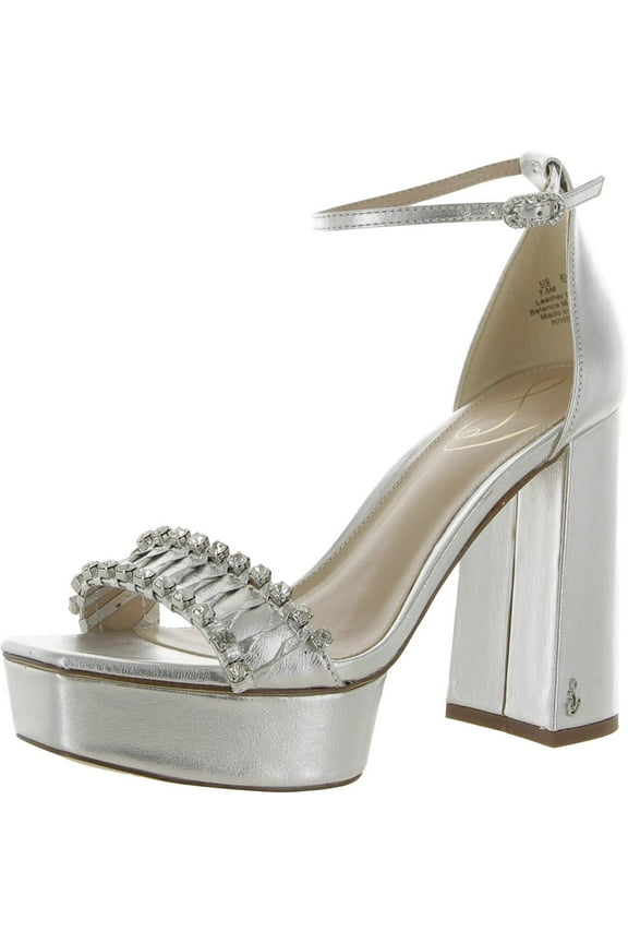Ninette Silver Embellished Strap Buckle Ankle Block Heel Sandals (SILVER, 8.5)