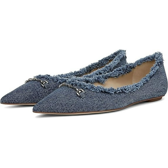 Sam Edelman Nori Blue Stone Fray Pointed Toe Chain Detailed Slip On Ballet Flats (Blue Stone Fray, 6.5)