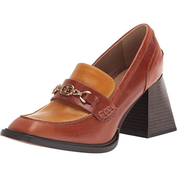 Sam Edelman Quincy Rust Brown/Mustard Squared Toe Stacked Heel Slip On Loafers (Rust Brown/Mustard, 5)