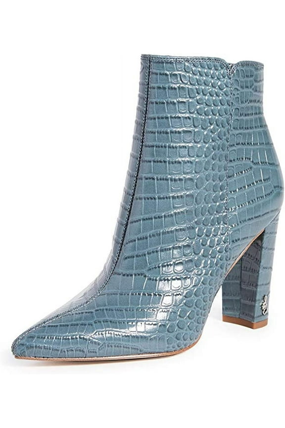 Raelle Grey Croco Embossed Block Heel Pointed Toe Leather Ankle Boot (GREY, 9)