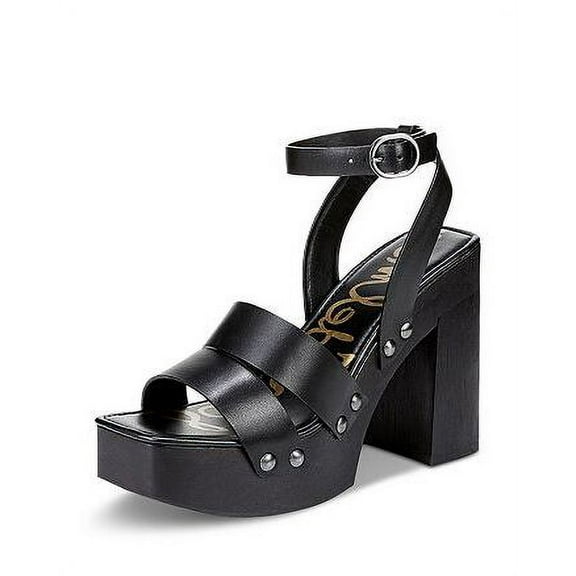 Sam Edelman Rosalind Black Leather Squared Toe Ankle Strap Block Heeled Sandals (Black Leather, 10.5)