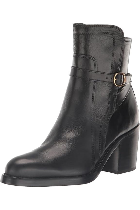 Simona Black Leather Pointed Toe Block Heeled Pull On Ankle Boots (Black Leather, 5.5)