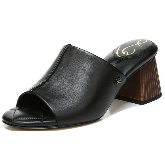 Sam Edelman Sonya Black Leather Sculptural Slip On Open Toe Block Heel Sandals (BLACK LEATHER, 5.5)