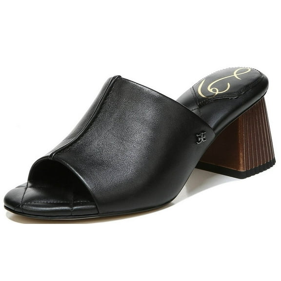 Sam Edelman Sonya Black Leather Sculptural Slip On Open Toe Block Heeled Sandals (BLACK LEATHER, 5)