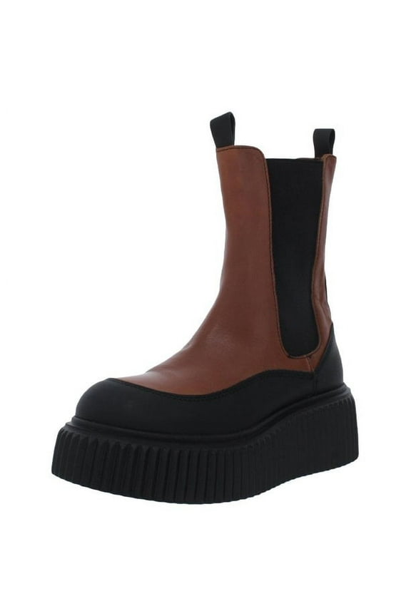 Taber Cognac Chunky Lug Sole Rounded Toe Pull On Moto Ankle Boots (Cognac/Black, 5)