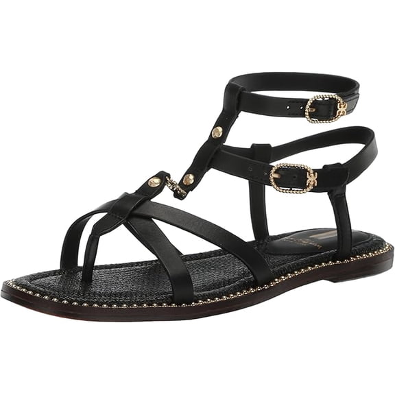 Sam Edelman Talya Black Leather Open Toe Ankle Strap Gladiator Flats Sandals (Black Leather, 8)