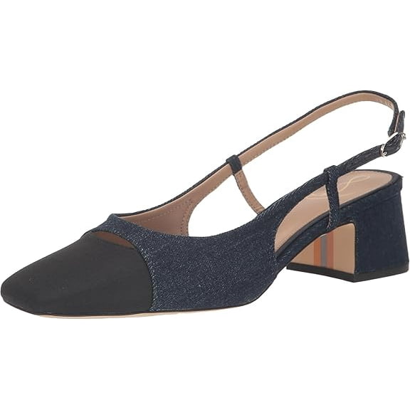 Sam Edelman Tarra Hudson Navy/Black Almond Toe Block Heel Slingback Sandals (Hudson Navy/Black, 7)