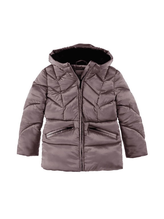 Toddler and Little Girls Crystal Satin Chevron Quilt Puffer Coat - Rose