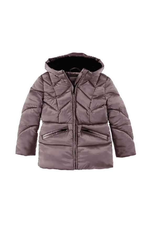 Toddler and Little Girls Crystal Satin Chevron Quilt Puffer Coat - Rose