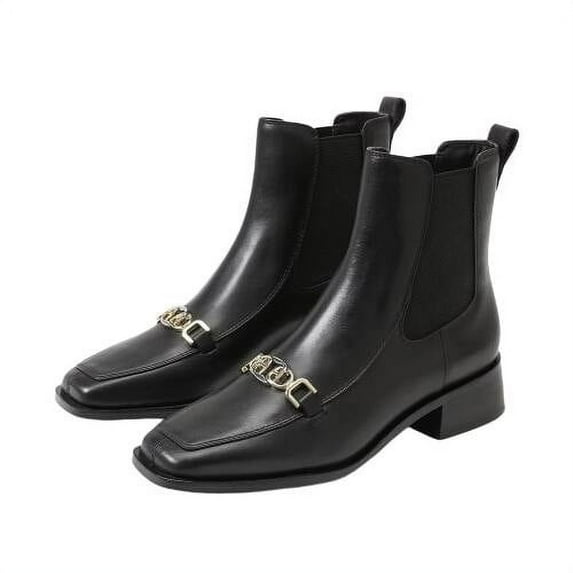 Sam Edelman Torance Black Leather Pull On Square Toe Bit Chain Chelsea Booties (Black, 5.5)