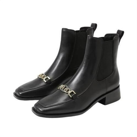 Sam Edelman Torance Black Leather Pull On Square Toe Bit Chain Chelsea Booties (Black, 8.5)