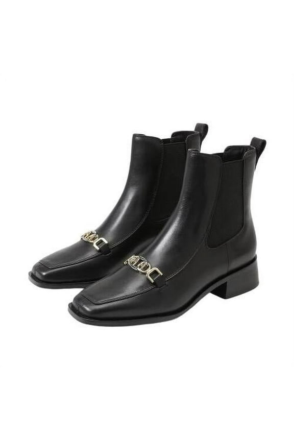 Torance Black Leather Pull On Square Toe Bit Chain Chelsea Booties (Black, 8.5)