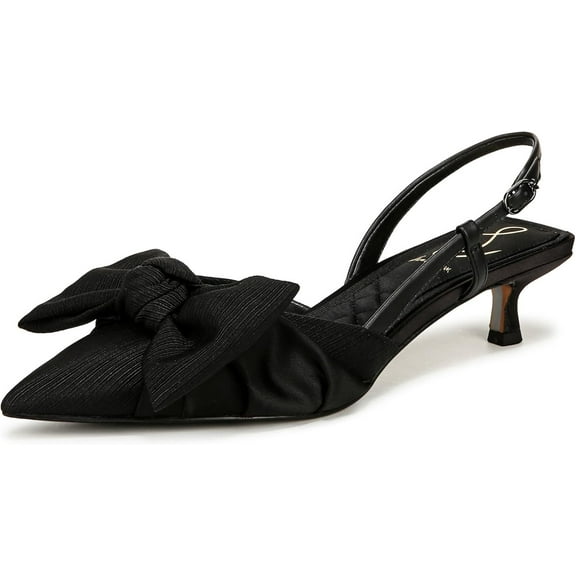 Sam Edelman Treena Black Pointed Toe Slingback Kitten Heeled Bow Detailed Pumps (Black Satin, 6)