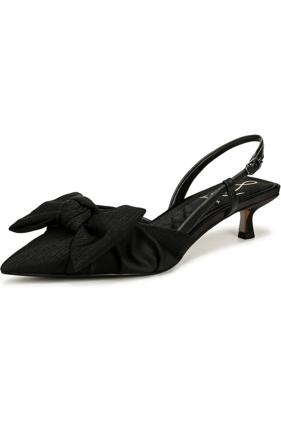 Treena Black Pointed Toe Slingback Kitten Heeled Bow Detailed Pumps (Black Satin, 6)