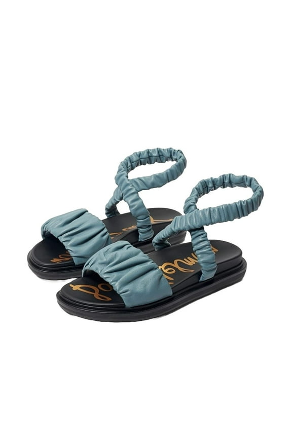 Velma Blue Rounded Open Toe Strappy Ankle Cuff Wedge Heeled Sandals (Blue, 9)