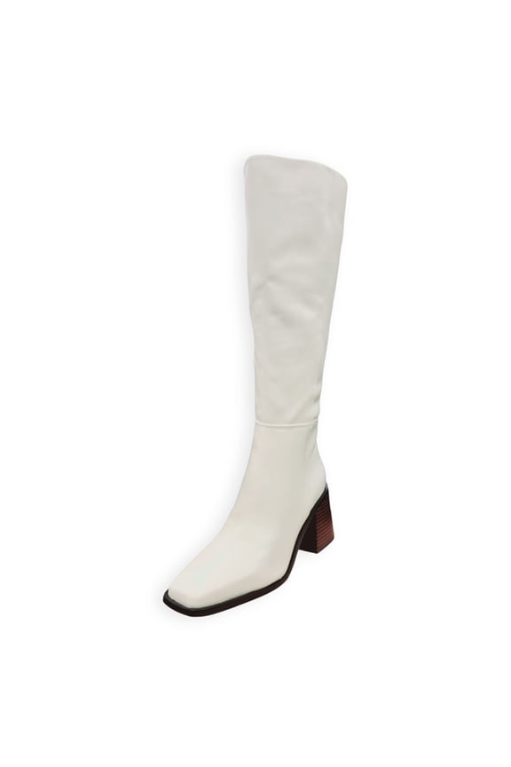 Wade Stacked Heel Square Toe Retro Wide Calf Knee High Fashion Boot (Ivory Wide calf, 8)