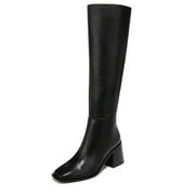SAM EDELMAN Wade Stacked Heel Square Toe Retro Wide Calf Knee High Fashion Boots (Black Leather Wide Calf, 7)