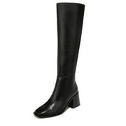 Sam Edelman Wade Stacked Heel Square Toe Retro Wide Calf Knee High Fashion Boots (Black Leather Wide Calf, 8)