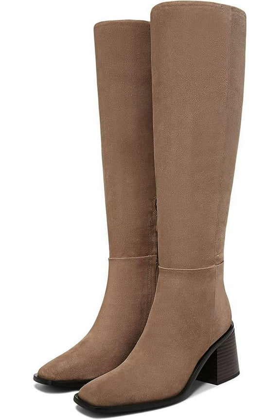 Wade Stacked Heel Square Toe Retro Wide Calf Knee High Fashion Boots (Warm Sand Wife Calf, 8)