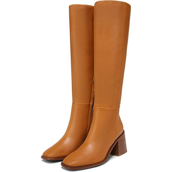 Sam Edelman Wade Stacked Heel Squared Toe Wide Calf Knee High Fashion Boots (Caramel Wide Calf, 5)