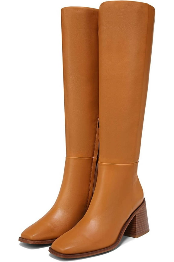 Wade Stacked Heel Squared Toe Wide Calf Knee High Fashion Boots (Caramel Wide Calf, 6)