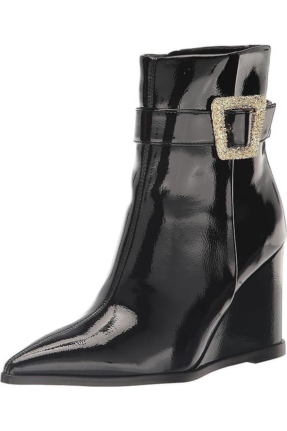 Weslie Black Patent Wedge Heeled Almond Toe Buckle Detailed Booties (Black Patent, 8.5)