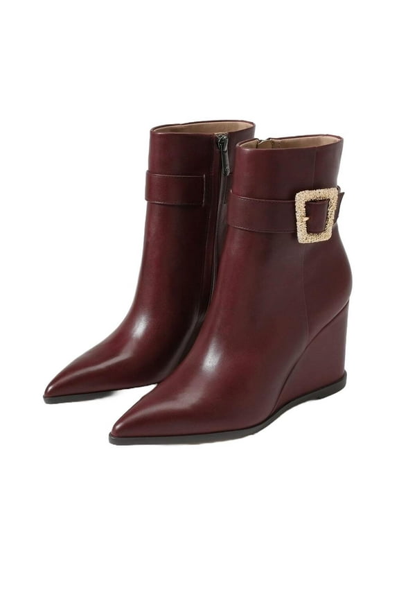 Women's Weslie Buckle Wedge Boot Burgundy Leather 5.5M