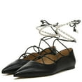 thumbnail image 1 of Sam Edelman Winslet Black Leather Lace-Up Pearl Beaded Ankle Wrap Pointed Toe Flats (BLACK, 10), 1 of 5