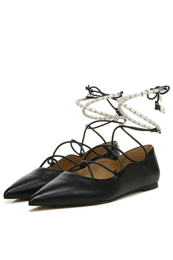 Winslet Black Leather Lace-Up Pearl Beaded Ankle Wrap Pointed Toe Flats (BLACK, 5.5)