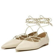 Sam Edelman Winslet Ivory Leather Lace-Up Pearl Beaded Pointed Toe Flats Shoes (IVORY, 8.5)