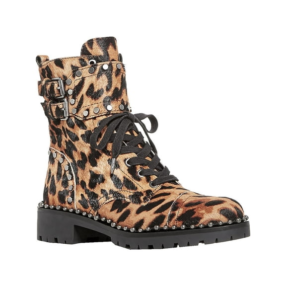 Sam Edelman Women's Brown Leopard Print Calf Hair Studded Jennifer Combat Boots