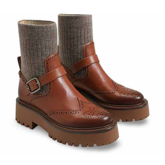 Sam Edelman Women's Elly Lug Sole Wingtip Ankle Boots Brown Leather 6M