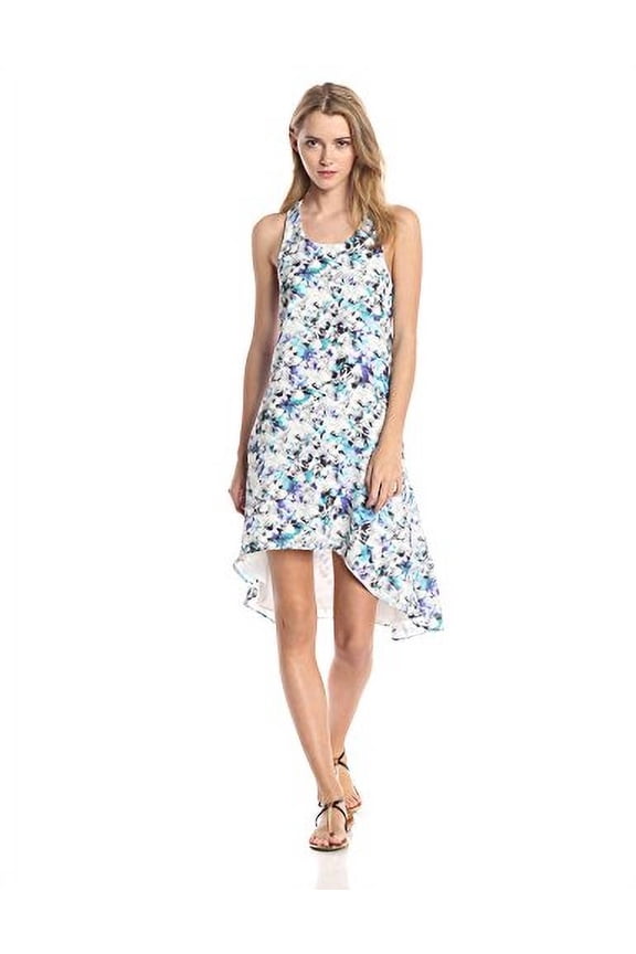 Women's Photo Floral Racer Back Hi Lo Dress, Turquoise, X-Small