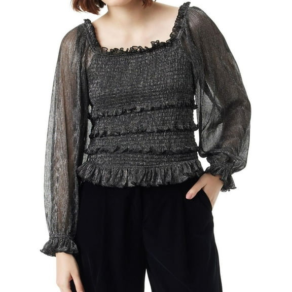 Sam Edelman Womens Misha Metallic Smocked Ruffle Baby Doll Blouse, Metallic, Medium