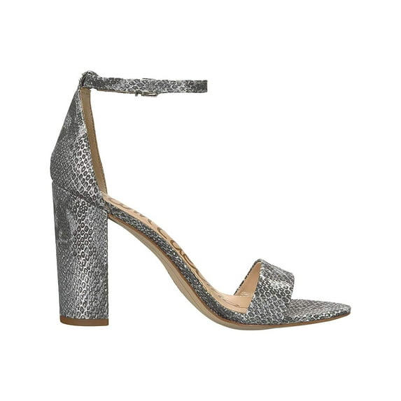 Sam Edelman Yaro Ankle Strap Sandal Heel Soft Silver Tropical Snake Metallic Leather