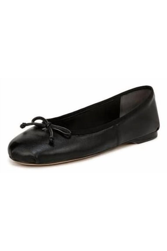 Zooey Black Leather Bow Detailed Rounded Toe Slip On Ballet Flats (Black, 6)