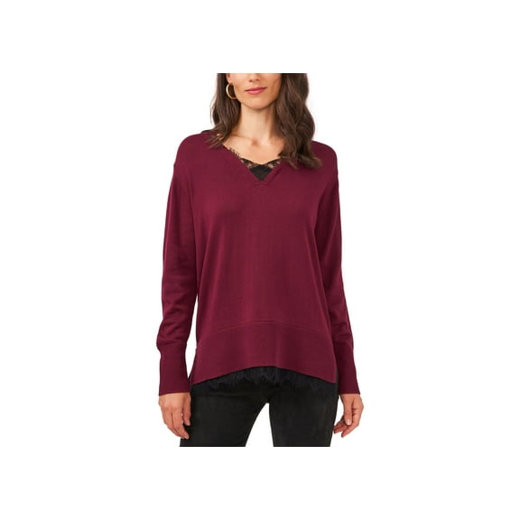 Sam Jess Lace Trim V Neck Sweater Wine M