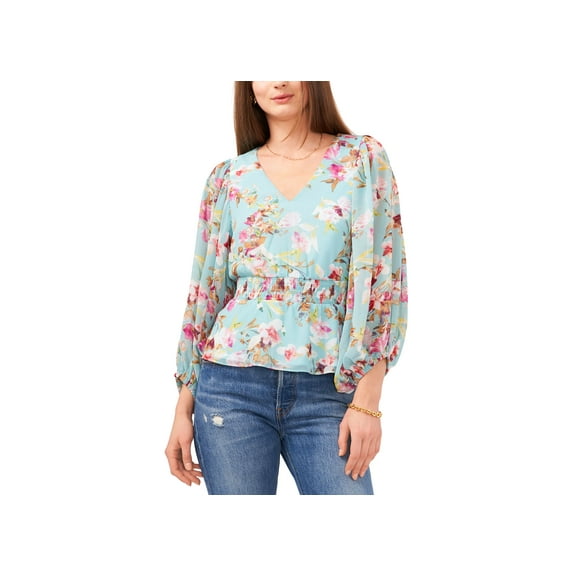 Sam & Jess V-Neck Floral-Print Smocked Peplum Top Turquoise XL