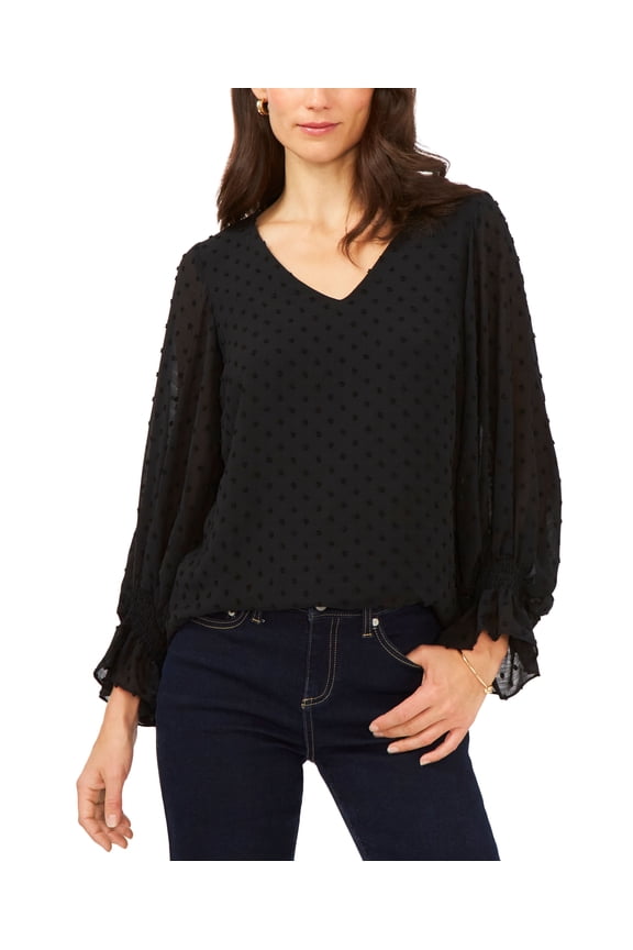 Sam Jess V Neck Smocked Cuff Top Rich Black Swiss Dot S