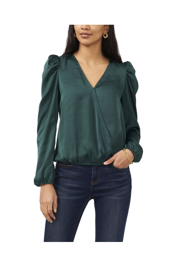 Sam Jess Womens Surplice Long Sleeve Puff Shoulder Top Arresting Emerald S