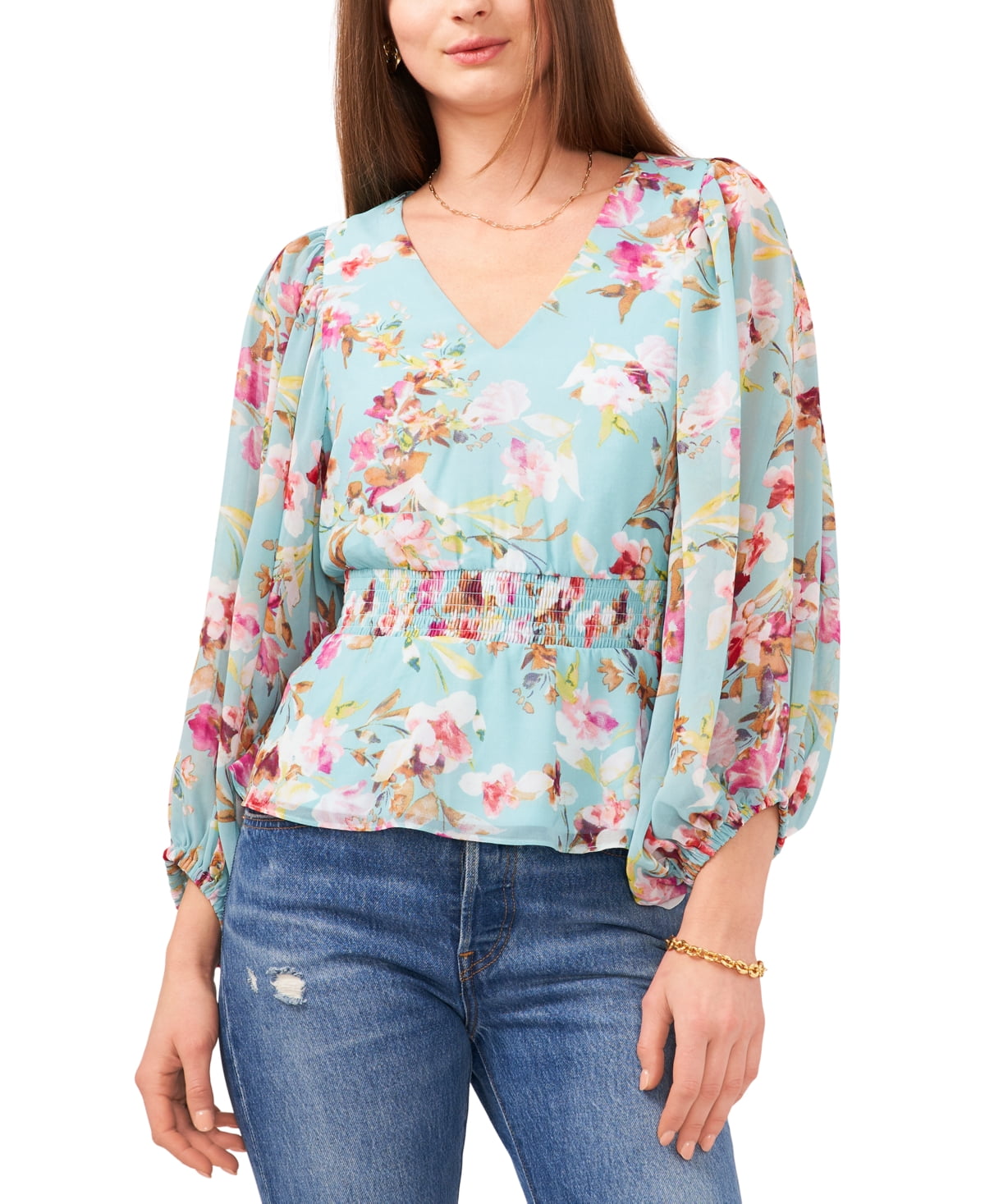 Sam Jess Women's V Neck Floral Print Smocked Peplum Top Blue